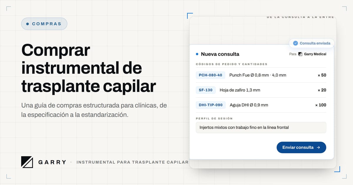 Comprar instrumental de trasplante capilar - una consulta con códigos de pedido y cantidades, del video de proceso de Garry