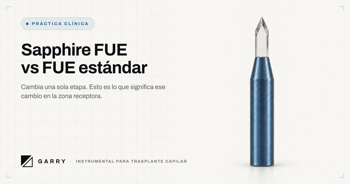 Sapphire FUE vs FUE estándar - fotografía de estudio de la hoja de zafiro Garry