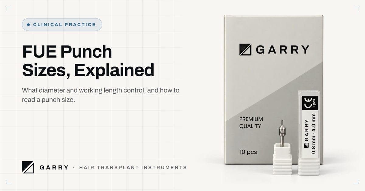FUE Punch Sizes, Explained - Garry Fue Punch packaging with the size on the tube