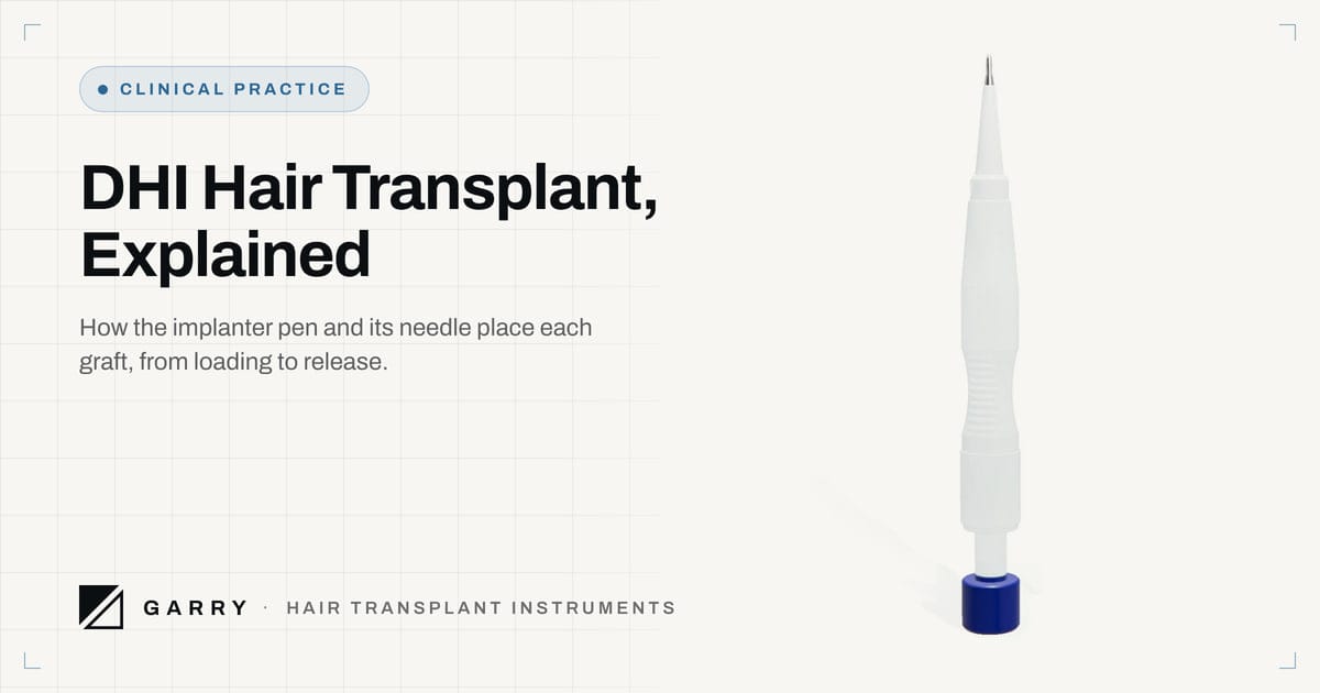 DHI Hair Transplant, Explained - studio photo of the Garry DHI Implanter Pen with a blue cap