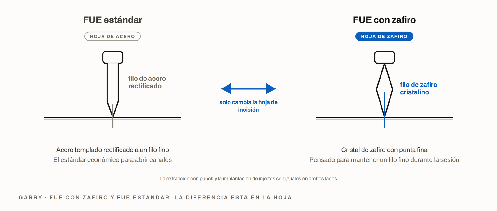 Hoja slit de acero y hoja de zafiro comparadas lado a lado, con la hoja de incisión como única diferencia