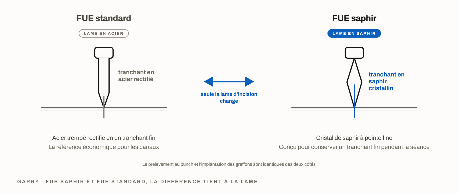 Lame slit en acier et lame en saphir comparées côte à côte, seule la lame d’incision diffère